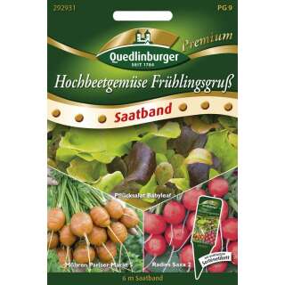 Hochbeetgemüse Frühlingsgruss Pflücksalat Babyleaf, Radies Saxa 2, Möhren Pariser Markt 5 - Diverse Sorten - Saatband