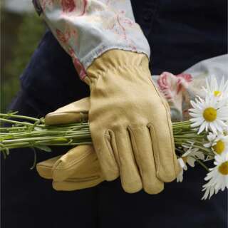 Handschuhe lang Floral aus Leinen und Leder