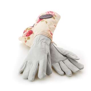 Handschuhe lang Floral aus Leinen und Leder pink klein...
